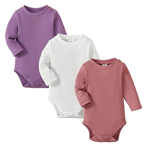 Image of OPAWO Long Sleeve Onsies for Baby Girls' Bodysuits Newborn 3 Pack Infant Ribbed Fall Baby Girl Romper Undershirt