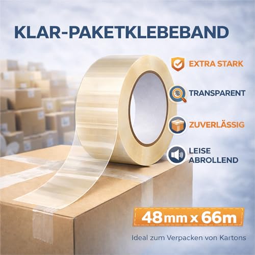 TK Gruppe Timo Klingler 6x Klebeband klar 66 Meter - extra stark - transparent - Packband Paketband Paketklebeband Verpackungsband für Verpackungen wie Pakete, Paketbandabroller