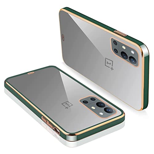 Image of OnePlus 9R Ultra Hybrid Chrome Case, Solid Gold Border Scratch Protection Bumper TPU Transparent Anti-Slip Mobile Back Cover for OnePlus 9R 01 - Green