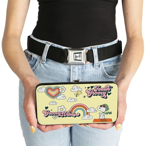 Buckle-Down Peanuts Wallet, Hinged, Peanuts Snoopy Flying Ace and Woodstock Groovy Quotes Collage, Vegan Leather3