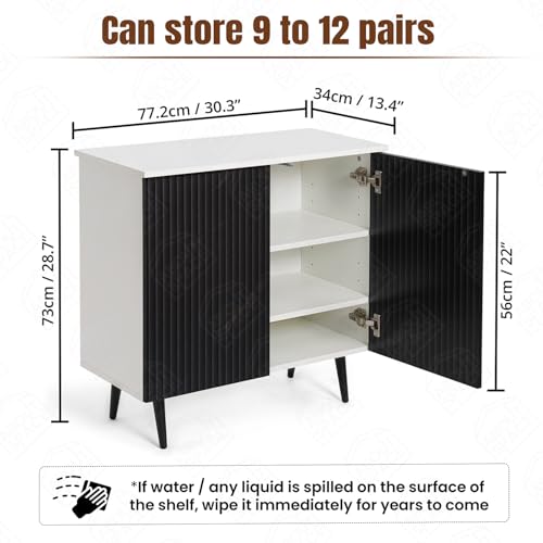 Image of ABOUT SPACE 3 Tier Shoe Rack with Door | Press Open 2 Door Engineered Wood Shoe Stand for Home | Smooth Non-Fluted-Effect Adjustable Shelf Raised Legs 9-12 Pair Shoes Storage Cabinet |White & Black