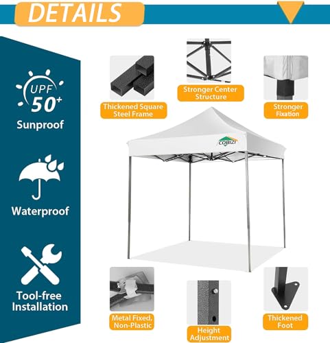 Image of COBIZI 6.6x6.6 Pop Up Canopy Tent,Heavy Duty Canopy(White No Sidewalls)