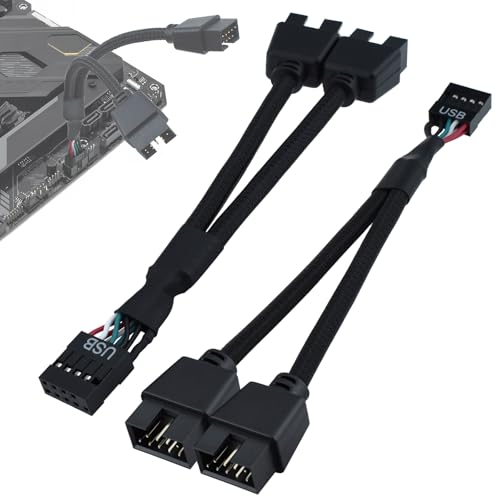 SATUY 2Pcs Motherboard 9 Pin USB 2.0 to Dual 9 Pin Extension Splitter, USB 2.0 Header Splitter Nylon Braided Cable for PC Computer Internal Motherboard USB Hub, Black