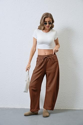 Hongsui Women's Barrel Leg Pants Elasticated Waistband Soft Wide Leg Pants with Pockets Casual Sweatpants4