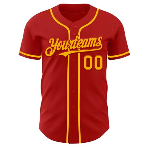 Custom Red Gold Baseball Jersey Button Down Softball Shirt Men Women Unisex, Personalized V-Neck Short Sleeve Sports Practice Uniforms for Adult Youth Play Cricket, Design Baseball Fan T-Shirts, S-7XL - Thumbnail 2