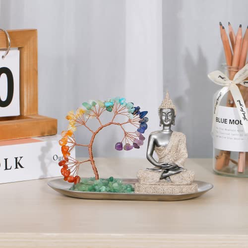 Innolites 7 Chakra Crystal Tree And Buddha Statue Set, Yoga Meditation Decor, Money Tree And Buda Statues For Home Living Room Office Shelf Decoration Wealth And Luck（Silver） #TOP3