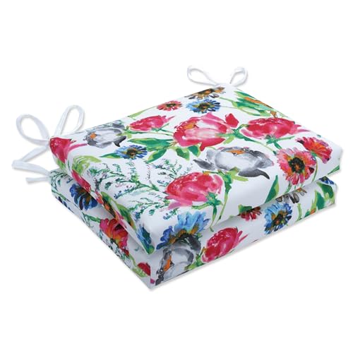 Pillow Perfect Bright Floral Indoor/Outdoor Chair Seat Cushion with Ties, Squared Corner, Plush Fiber Fill, Weather, and Fade Resistant, 16" x 18.5", Pink/Blue Flower Mania, 2 Count
