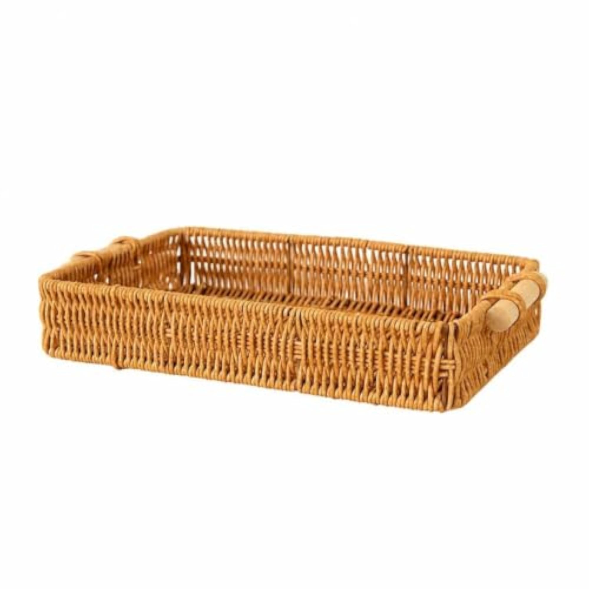 Handwoven Rattan Tray with Handles, Rustic Bread Basket Rectangle Small