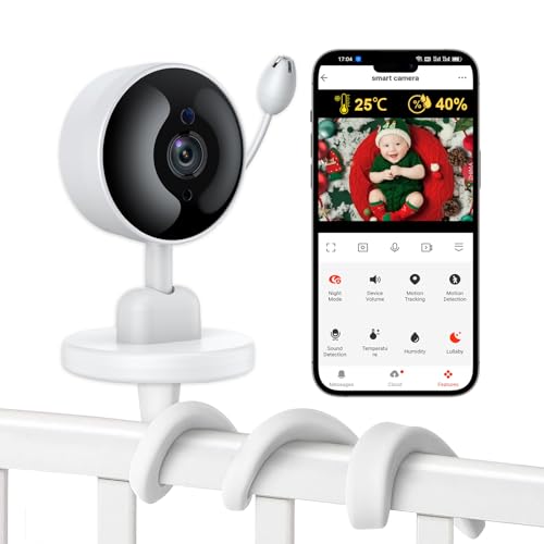 Tuya Baby Monitor with Camera and Audio, 2K WiFi Indoor Video Baby Camera with Mount, Motion & Cry Detection, Temp & Humidity Sensor, Night Vision, 2 Way Audio, 4 Lullabies, APP Control