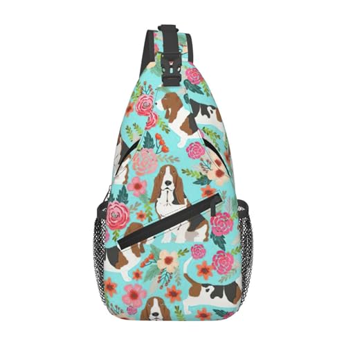 SDFHU Sweet Basset Hound Florals Print Lightweight Sling Small Shoulder Bag - Chic Cross Chest Bag With Adjustable Strap, Black