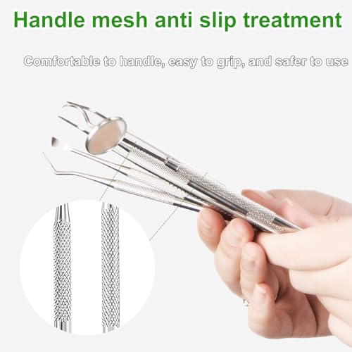 Image of Teeth Cleaner Tool Kit Stainless Steel Plaque Tartar Remover Set of 6 with Metal Case, Tweezers, Oral Mirror, Teeth Cleaner, Probe, Stain Remover