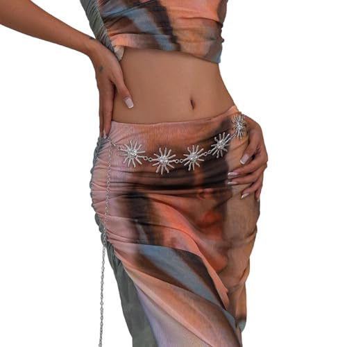 Vintage Sunflower Waist Chain Belt for Women Dress Long Gold Sun Metal Chunky Chain Belly Belt Summer Beach Sunflower Waist Body Jewelry4