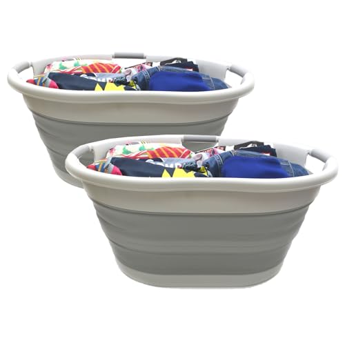 SAMMART 57L (15 Gallons) Collapsible 3-Handled Plastic Laundry Basket - Oval Tub - Portable Washing Tub-Space Saving Laundry Hamper, Water Capacity 44L / 11.6 Gallon (2, Grey/Grey)