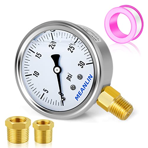 MEANLIN MEASURE 0~30Psi Stainless Steel 1/4" NPT 2.5" Single Scale FACE DIAL,Glycerin Filled Pressure Gauge, WOG Water Oil Air Lower Mount, with 1/2" NPT and 3/8" NPT Hex Bushing