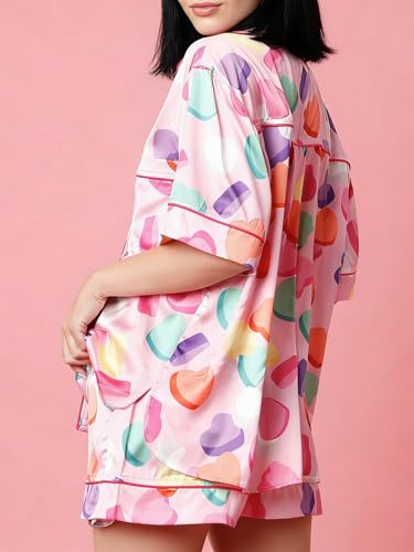 Image of Yiulangde Valentine Candy Heart Silk Pajamas Lounge Satin Short Pajama Set for Women 2 Piece Y2k Long Sleeve Pj Shorts Outfit Sleepwear