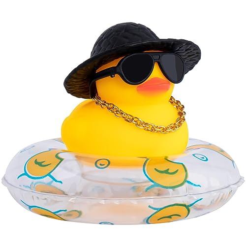 Image of wonuu Car Rubber Duck, Yellow Duck Decoration Dashboard with Sun Hat Swim Ring Necklace Sunglasses for Car Dashboard Decorations, Black Sun Hat-Transparent