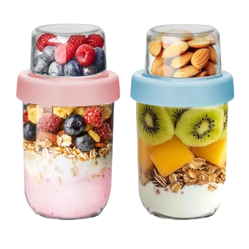 WEELOO Dual-Layer Overnight Oats Jars with Lids, 100ML+500ML Glass Breakfast Pots for Dry-Wet Separation, Perfect Yogurt Container for Fruits Nuts and Grains (2)