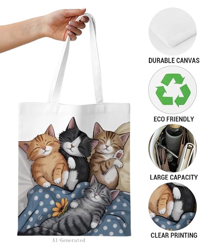 Image of Cute Cat Canvas Tote Bag for Women, Aesthetic Reusable Shoulder Bag for Shopping Travel Work