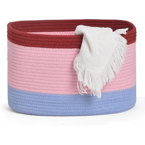MONKISS Cotton Rope Basket,Woven Storage Basket for Shelves,Toys,Book,Toys, Storage Bins for Living Room, Bathroom(15.3"x9.8"x9.5") Pink & Blue Cover