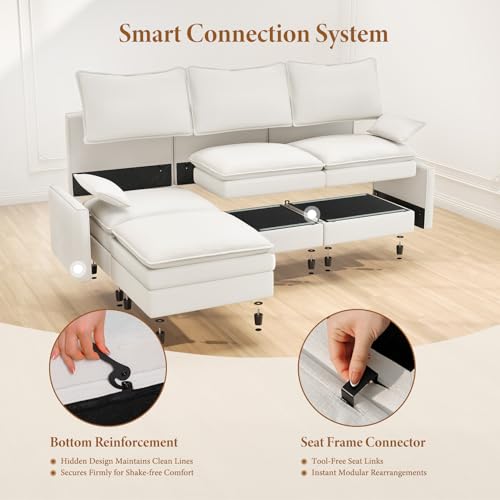 Image of Vesgantti 108 inch Modular Sectional Sofa, Comfy Cloud Couch with Movable Ottoman Deep Seat Chenille L Shaped Modular Sofa, Sectional Couches for Living Room, Bedroom and Apartment, Snow White