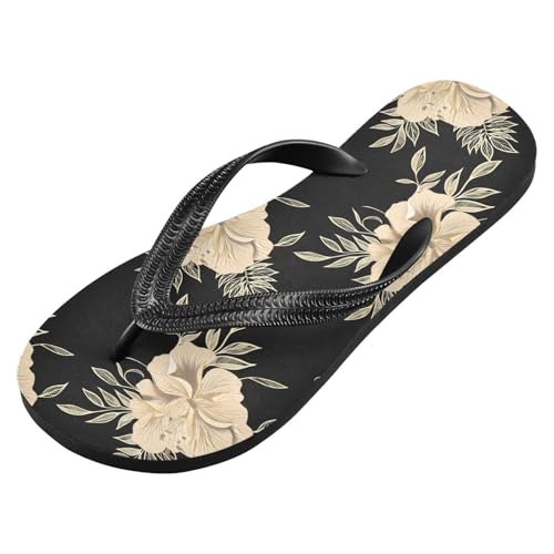Hibiscus Flower Leaves Black Flip Flops for Beach Thong Sandals Anti-slip Lightweight Beach Shoes for House Indoor Outdoor2