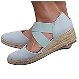 Aniywn Women's Elastic Band Ankle Strap Round Closed Toe Espadrilles Wedges Heel Sandals Mid Heel Platform Shoes Light Blue