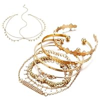 Guyode 8 Pièces Parure Bijoux Femme Inclure Bracelet Boheme et Chaîne de Tete en Or Réglable Bracelet Jonc Femme Bijoux de Cheveux pour Cosplay Carnaval Fête D'Halloween