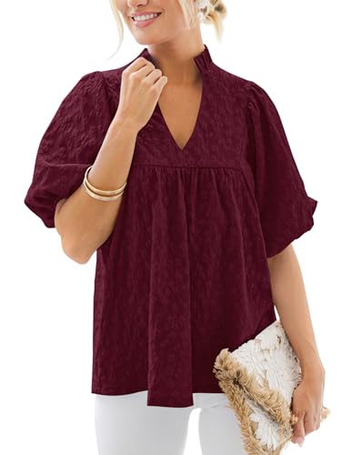 MASCOMODA Womens Summer Tops 2025 Ruffle V Neck Blouses Loose Puff Short Sleeve Jacquard Babydoll Tops Casual Dressy T-Shirts
