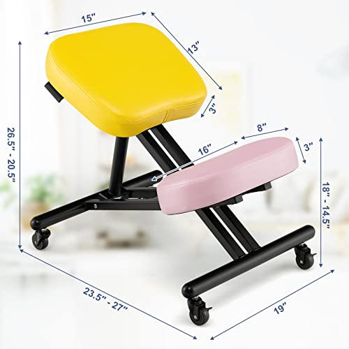 Costway Ergonomic Kneeling Chair, Height Adjustable Stool With 330Lbs Capacity, Thick Foam Cushion, Gliding Caster, Angled Seat To Improve Sitting Posture, Kneeling Stools For Office, Yellow+Pink #TOP2