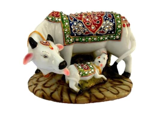 Image of PulGos Kamdhenu Cow Statue with Baby Calf - Elegant Showpiece for Home & Office Decor - Vastu Item for Living Room, Mandir & Workspace - Beautiful Cow Idol for Traditional & Modern Interiors