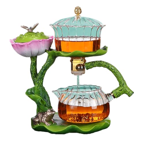 KALWEL Juego de té semiautomático, tetera magnética, juego de té de cristal Lazy Kung Fu para té Pu-Erh, té verde, té negro, té de flores, (luz de luna en estanque de loto)