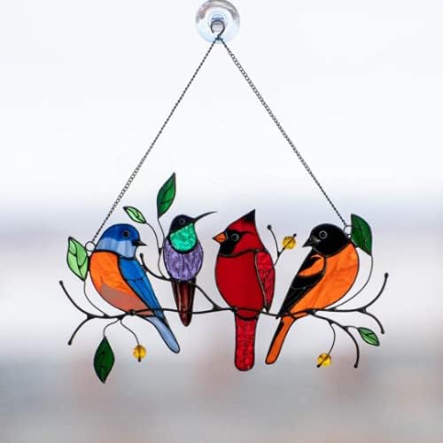 zouwii Multicolor Birds on a Wire High Metal Stained Glass Suncatcher Window Panel, Stain Glass Window Hanging, Bird Series Ornaments Pendant Home Decoration, Sun Catcher Acrylic Hanging Birds Decor