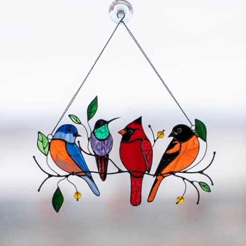 zouwii Oiseaux Multicolores sur Un Fil Haut métal Suncatcher fenêtre Panneau, vitrail Suspendu, série d'oiseaux Ornements Pendentif décoration de la Maison, Sun Catcher Suspendus Oiseaux décor Cover