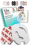 VegMai®[10 Unidades] Protector Enchufes Seguridad Infantil Con Mecanismo De Giro Y Adhesivo 3M Ideal Para Bebes Niños Y Pequeños En El Hogar. Schuko Europeo Tapas Color (BLANCO)