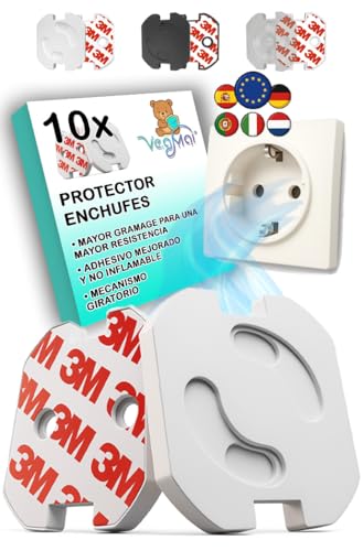 VegMai®[10 Unidades] Protector Enchufes Seguridad Infantil Con Mecanismo De Giro Y Adhesivo 3M Ideal Para Bebes Niños Y Pequeños En El Hogar. Schuko Europeo Tapas Color (BLANCO)