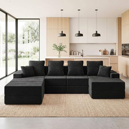 Image of Living&Giving 128 inch U-Shaped Cloud Sectional Couch for Living Room, Cloud Boneless Couch-No Assembly with Reversible Chaise, Customizable 4-Seat Modular Sectional Sofa with 3 Ottoman, Black