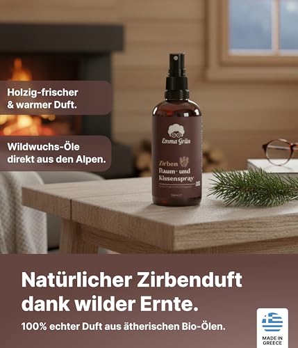 Emma Grün® Zirbenspray & Zirbenduft 100ml [AUS WILDWUCHS] - Raumspray & Kissenspray mit Naturreinem Pinus Cembra - Natürliches Zirbenspray für Auto Duft, Raumduft & für Zirben Produkte