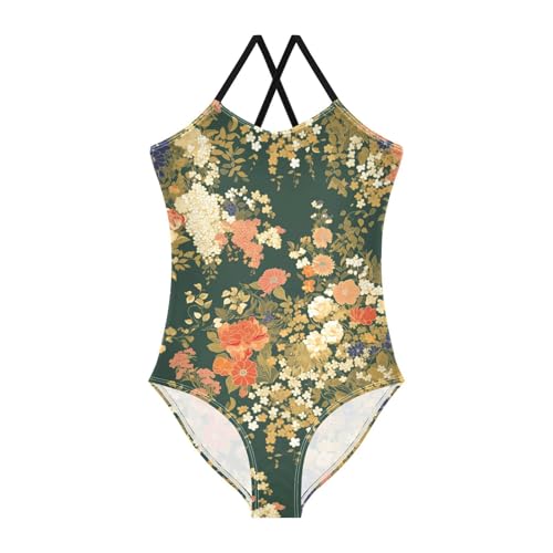 KLL Colourful Small Liberty Blooming on Green Background Girls' 1 Piece Bathing Suit Beach Swimwear Adjustable Shoulder