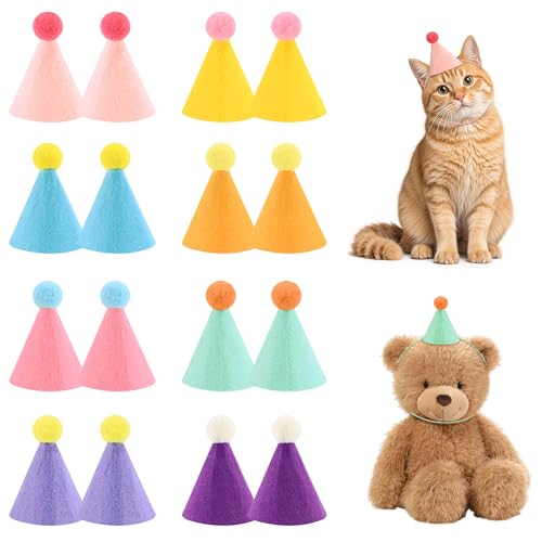 CANREVEL 16 PCS Mini Party Hats for Stuffed Animals, Pre-Assembled Birthday Party Cone Hats Dolls Dog Cat Rabbit Puppies Assorted Animal Birthday Decorations