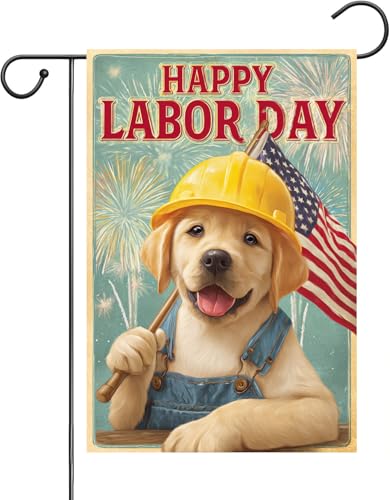 Happy Labor Day Garden Flag Labrador Retriever Patriotic 12 x 18 Double Sided Burlap Banner for Farm Plaza, Factory Gate Lawn, Community Street, Countryside Manor Labor Day Decoration