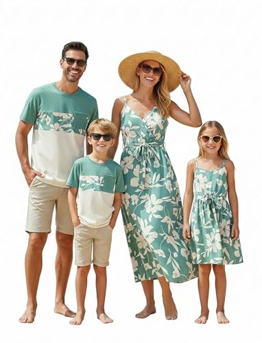 PATPAT Family Matching Summer Outfits: Men Floral Short Sleeve T Shirt Dad and Son Matching T-Shirts for Easter Vacation Beach Luau Tropical, Green Floral Men M