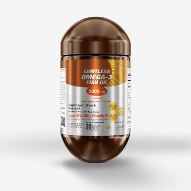Limitless Naturals Omega 3 Fish Oil 2000mg - 30 Softgels - Omega 3 fatty acids (EPA & DHA) with Vitamin D3 for Brain Heart and Bone health