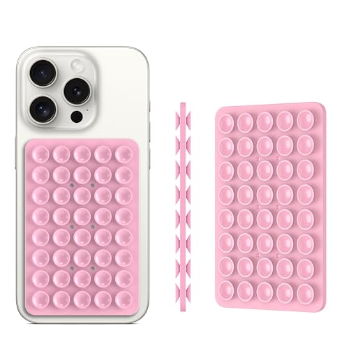 Image of Double Sided Silicone Suction Phone Holder Mount, Silicon Accessory for iPhone and Android, Hands-Free Mirror Shower Phone Holder, TikTok Videos and Selfies (Light Pink+Transparent)