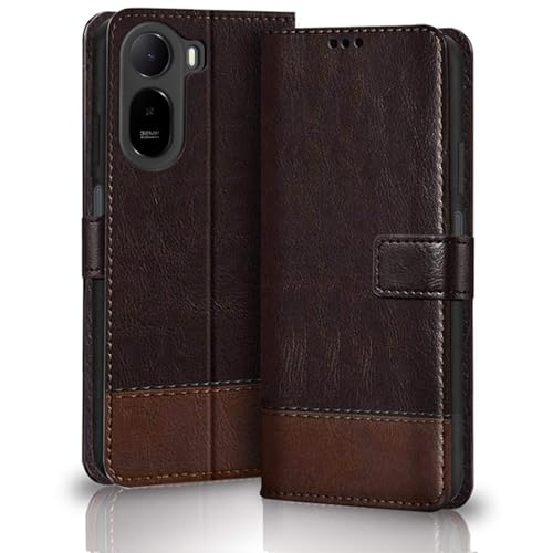 Image of TheGiftKart Flip Back Cover Case for Mi Redmi A7 Pro /Poco C85x 5G / C81 | Dual-Color Leather Finish | Inbuilt Stand & Pockets | Wallet Style Flip Back Cover Case (Faux Leather, Coffee & Brown)