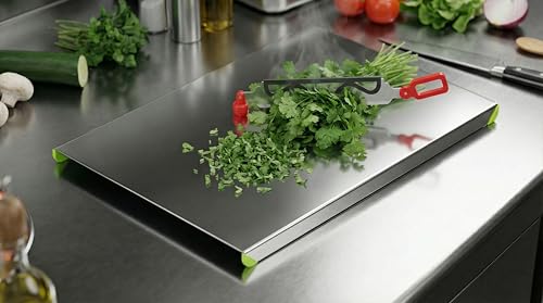 Image of Clazkit Stainless Steel Chopping Board with Attached Knife | Rust Free Vegetable Both Side Bend Cutting Board | Durable Steel Cutting Board for Kitchen | Anti Slip Chopper Board for Fruits & Veggies