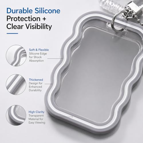 Image of Street27 Cloud Shape Photo Card Holder with Keychain Pendant | Transparent ID Badge Case with Wrist Strap | Silicone Protective Card Cover for Office, School & Travel (Grey)