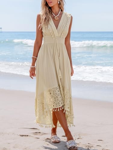 cream lace beach dress CUPSHE Lace V Neck Sleeveless Pompom Long Dress Beige XS : Amazon.com.be:  Fashion