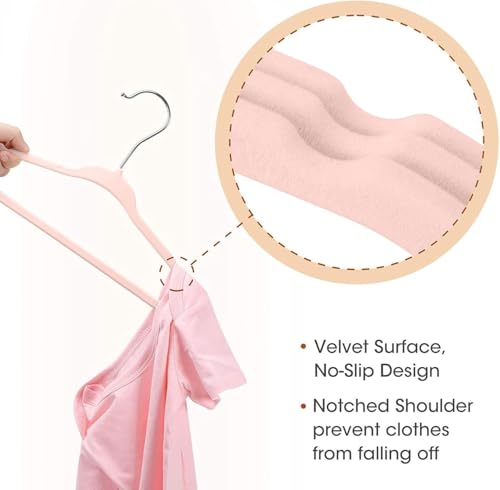ريد دوت جيفت® شماعات مخملية للاطفال من 10 قطع - شماعات ملابس الاطفال غير قابلة للانزلاق، خطاف دوار 360 درجة من الكروم (بينك، 28 سم)