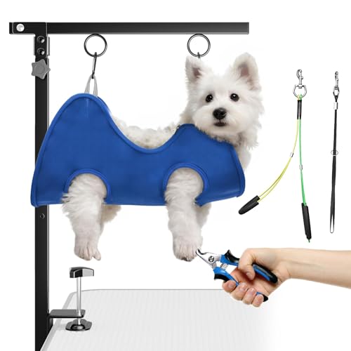 Foldable Dog Grooming Arm with Clamp: Adjustable Height 26″-40″, Dog Grooming Table Arm with Hammock and No-Sit Holder, Grooming Restraint for Small Medium Dogs at Home or Salon
