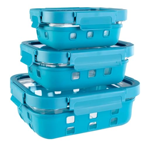Image of The Better Home Borosilicate Glass Food air Tight Glass Container for Kitchen Set of 3 Blue | Silicone Sleeves & Lock Lids | Kitchen containers Set | Microwave-Safe| Lunch Box | 1050ml 640ml 370ml